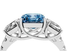 Fancy Blue Asscher Cut Diamond Three-Stone Ring Set in Silver with Pavé Band