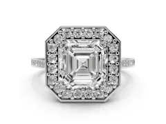 Asscher Cut Diamond Halo Ring Set in Silver with Accent-Lined Split Shank and Prong Setting