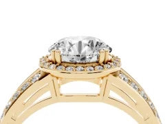 Round Cut Diamond Halo Ring Set in Yellow gold with Double Pavé Split Shank