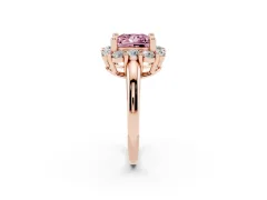 Fancy Pink Princess Cut Diamond Halo Cluster Engagement Ring Set in Rose gold with Polished Band and Prong Setting