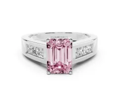 Fancy Pink Emerald Cut Diamond Solitaire Ring Set in Silver with Channel-Set Accent Stones and Prong Setting