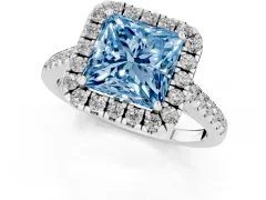 Fancy Blue Princess Cut Diamond Pavé Halo Engagement Ring Set in Silver with Pavé Band and Prong Setting