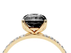 Fancy Black Radiant Cut Diamond Solitaire Engagement Ring Set in Yellow gold with Round Pavé Band and Prong Setting