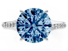 Fancy Blue Round Cut Diamond Solitaire Ring Set in White gold with Pavé Accent Band and Classic Prong Setting