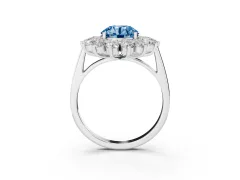 Fancy Blue Round Cut Diamond Floral Double Halo Ring Set in Silver with Round Petals