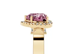 Fancy Pink Heart Cut Diamond Halo Ring Set in Yellow gold with Twist Band and Pavé Accents
