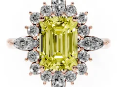 Fancy Yellow Emerald Cut Diamond Cluster Halo Ring Set in Rose gold with Marquise and Round Accents