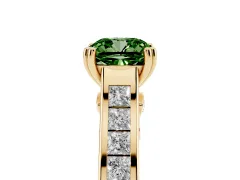 Fancy Green Cushion Cut Diamond Channel Set Solitaire Engagement Ring Set in Yellow gold with Prong Setting