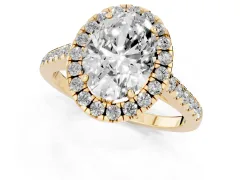 Oval Cut Diamond Pavé Halo Engagement Ring Set in Yellow gold with Pavé Band and Prong Setting