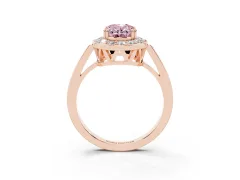 Fancy Pink Oval Cut Diamond Halo Ring Set in Rose gold with Accent-Lined Split Shank and Prong Setting