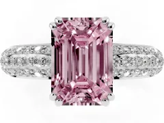 Fancy Pink Emerald Cut Diamond Solitaire Ring Set in Silver with Multi-Row Round Pavé Band and Prong Setting