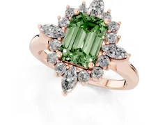 Fancy Green Emerald Cut Diamond Cluster Halo Ring Set in Rose gold with Marquise and Round Accents
