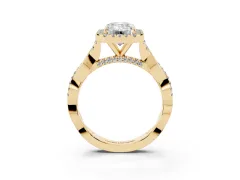 Emerald Cut Diamond Halo Twist Band Solitaire Ring Set in Yellow gold with Prong Setting