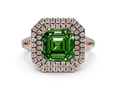 Fancy Green Asscher Cut Diamond Double Halo Ring Set in Rose gold with Pavé Band
