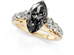 Fancy Black Marquise Cut Diamond Solitaire Ring Set in Yellow gold with Pavé-Set Band and Prong Setting
