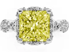 Fancy Yellow Princess Cut Diamond Halo Twist Band Solitaire Ring Set in Silver with Prong-Set Center Stone