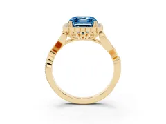 Fancy Blue Asscher Cut Diamond Halo Ring Set in Yellow gold with Leaf Motif Split Shank and Prong Setting