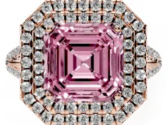 Fancy Pink Asscher Cut Diamond Double Halo Ring Set in Rose gold with Pavé Band