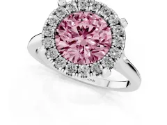 Fancy Pink Round Cut Diamond Cluster Halo Solitaire Ring Set in White gold with Prong Setting