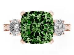 Fancy Green Cushion Cut Diamond Three-Stone Ring Set in Rose gold with Pavé Band and Smaller Side Stones