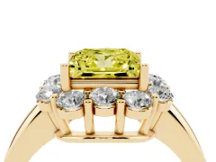 Fancy Yellow Princess Cut Diamond Milgrain Halo Solitaire Ring Set in Yellow gold with Bezel Set Side Stones and Pavé Band