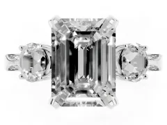 Fancy Green Emerald Cut Diamond Three-Stone Ring Set in Silver with Pavé Band and Smaller Side Stones