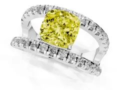 Fancy Yellow Cushion Cut Diamond Split Shank Pavé Solitaire Ring Set in Platinum with Open Shank Design