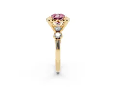Fancy Pink Cushion Cut Diamond Floral Halo Ring Set in Yellow gold with Shared Prong Band