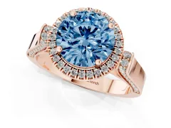 Fancy Blue Round Cut Diamond Halo Ring Set in Rose gold with Pavé-Lined Split Shank Band