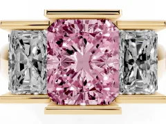 Fancy Pink Radiant Cut Diamond Three-Stone Channel Set Ring Set in Yellow gold with Smooth Polished Band