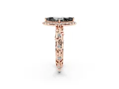Fancy Black Marquise Cut Diamond Halo Ring Set in Rose gold with Filigree Leaf Band and Prong Setting