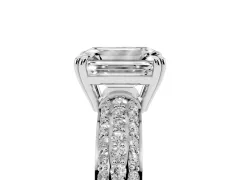 Emerald Cut Diamond Solitaire Ring Set in White gold with Multi-Row Round Pavé Band and Prong Setting
