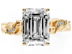 Emerald Cut Diamond Vine Band Solitaire Ring Set in Yellow gold with Milgrain Prong Setting