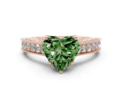 Fancy Green Heart Cut Diamond Solitaire Ring Set in Rose gold with Milgrain-Edged Pavé Band and Prong Setting