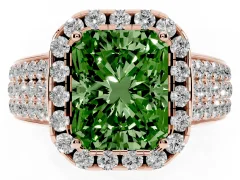 Fancy Green Radiant Cut Diamond Halo Ring Set in Rose gold with Pavé Band and Raised Center Setting