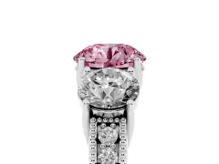 Fancy Pink Round Cut Diamond Three-Stone Engagement Ring Set in Silver with Milgrain Pavé Band