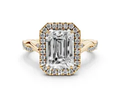 Emerald Cut Diamond Halo Twist Band Solitaire Ring Set in Yellow gold with Prong Setting