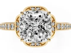 Cushion Cut Diamond Halo Ring Set in Yellow gold with Channel Set Band and Prong Setting