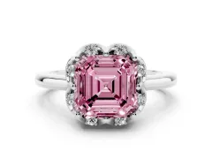Fancy Pink Asscher Cut Diamond Round Cluster Halo Ring Set in Platinum with Solitaire Band and Prong Setting
