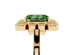 Fancy Green Emerald Cut Diamond Cluster Halo Ring Set in Yellow gold with Milgrain Bezel Accents and Plain Band