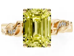 Fancy Yellow Emerald Cut Diamond Vine Band Solitaire Ring Set in Yellow gold with Milgrain Prong Setting