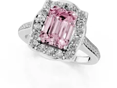 Fancy Pink Emerald Cut Diamond Halo Ring Set in Platinum with Pavé-Lined Shoulders and Prong Setting