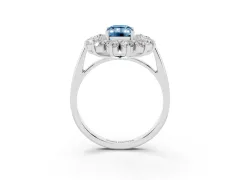 Fancy Blue Emerald Cut Diamond Floral Double Halo Ring Set in Silver with Round Petals