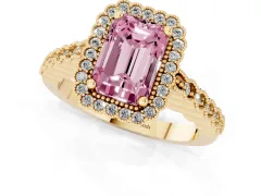 Fancy Pink Radiant Cut Diamond Halo Ring Set in Yellow gold with Pavé Milgrain Band