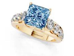 Fancy Blue Princess Cut Diamond Pavé Engagement Ring Set in Yellow gold with Prong Setting