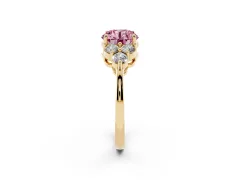 Fancy Pink Round Cut Diamond Solitaire Ring Set in Yellow gold with Cluster Accents on Each Side