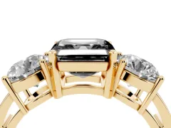 Fancy Black Asscher Cut Diamond Three-Stone Ring Set in Yellow gold with Round Side Stones and Classic Band