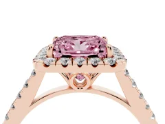Fancy Pink Princess Cut Diamond Pavé Halo Engagement Ring Set in Rose gold with Pavé Band and Prong Setting