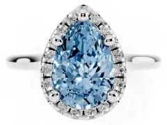 Fancy Blue Pear Cut Diamond Halo Engagement Ring Set in Platinum with Pavé Band and Rising Shoulders