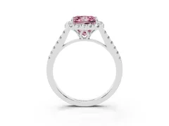 Fancy Pink Princess Cut Diamond Pavé Halo Engagement Ring Set in Platinum with Pavé Band and Prong Setting